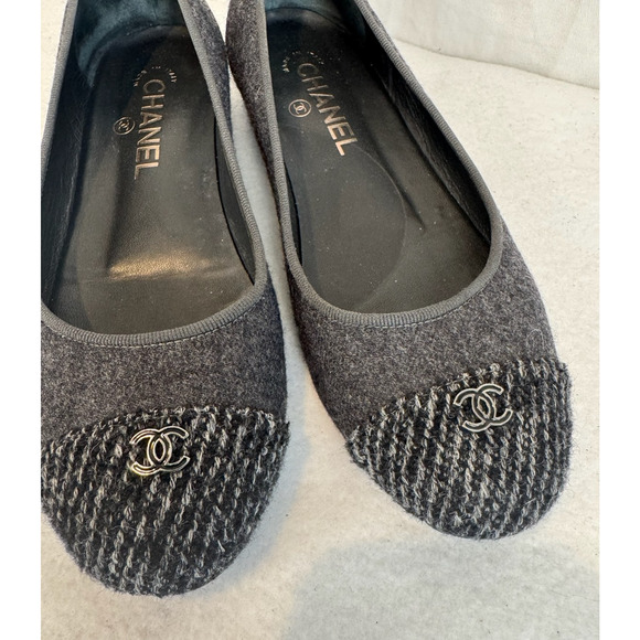 CHANEL Tweed Wool Ballet Flats Gray Size 37.5 Made in Italy - Picture 3 of 11
